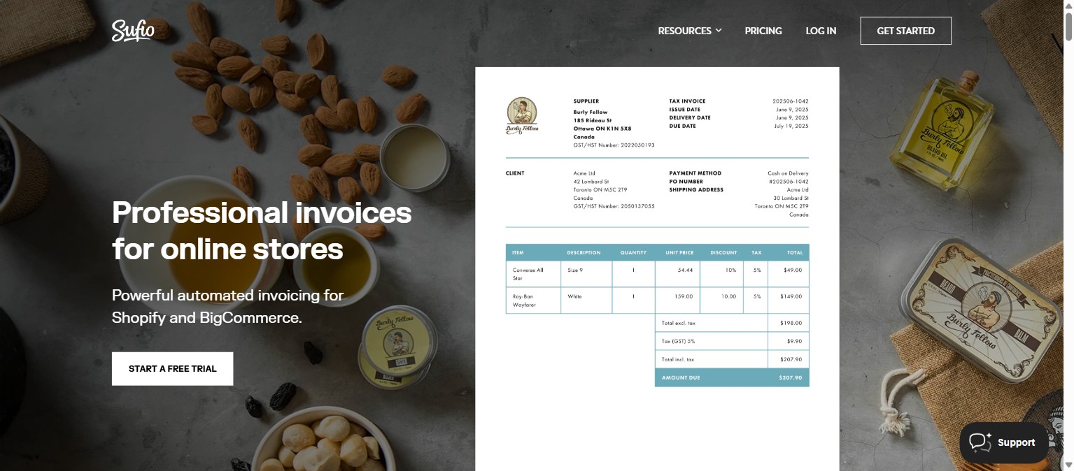 Page d’accueil Sufio, factures professionnelles pour boutiques en ligne