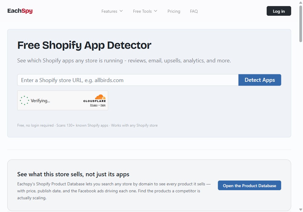 EachSpy free Shopify app detector no signup