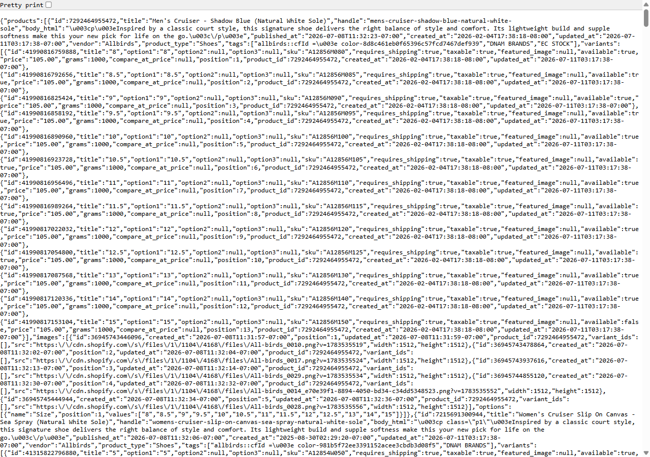 Endpoint public products.json d'Allbirds montrant les données du catalogue et des URLs d'images cdn.shopify.com