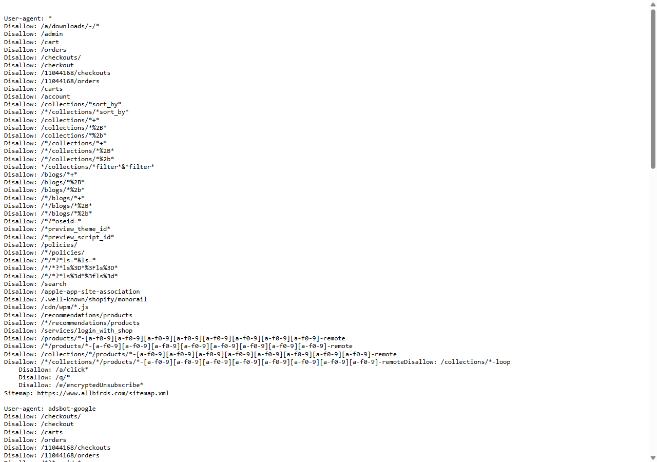 Fichier robots.txt d'Allbirds avec des règles Disallow propres à Shopify comme preview_theme_id et .well-known/shopify/monorail