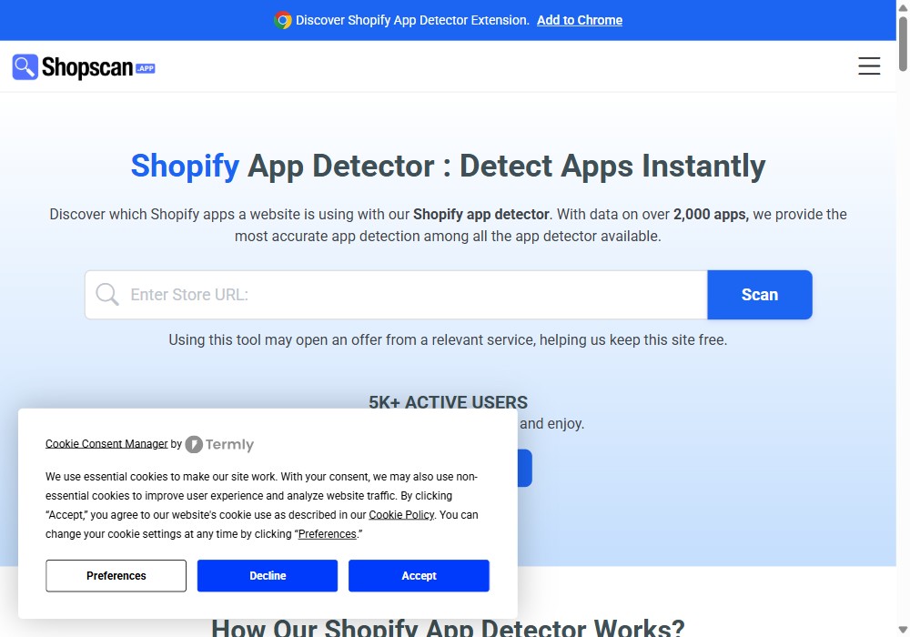 ShopScan free Shopify app detector homepage
