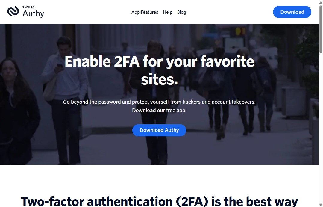 Authy two-factor authentication app homepage