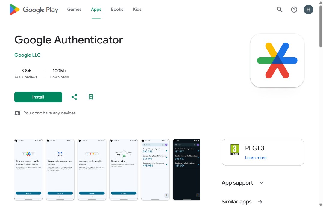 Google Authenticator on the Google Play store