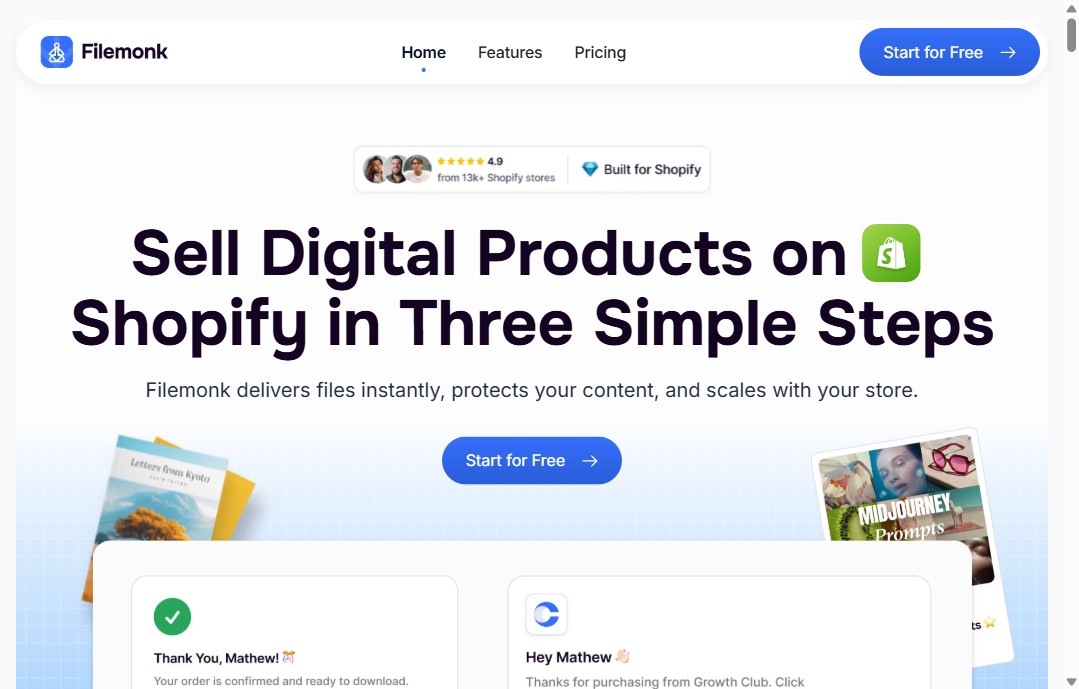 Startseite der Shopify-App Filemonk für digitale Downloads