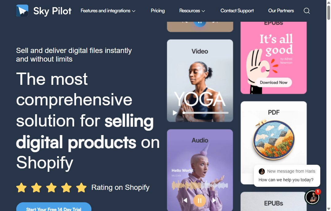 Startseite der Shopify-App Sky Pilot für digitale Downloads