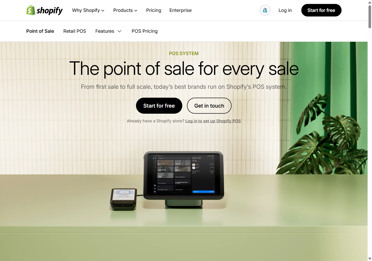 Shopify POS product page showing the point-of-sale hardware and software overview