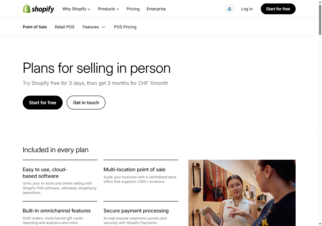 Shopify POS pricing page listing multi-location point of sale, omnichannel features and secure payments included in every plan