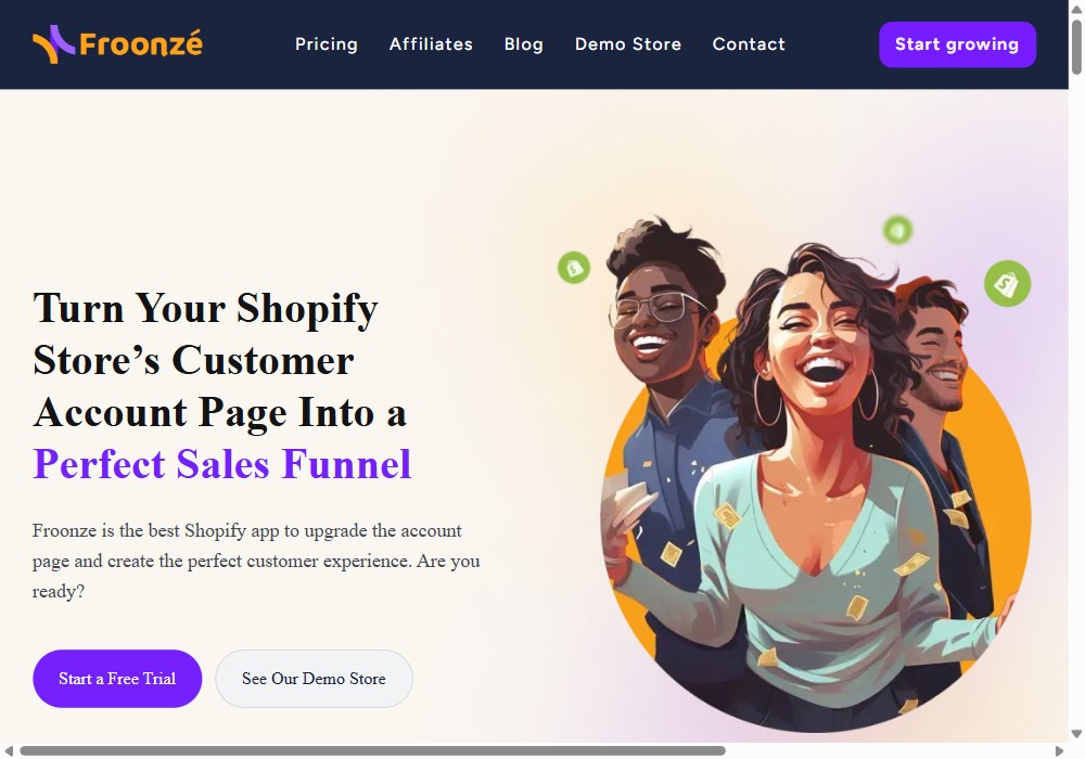Froonze Shopify customer portal and wishlist app website