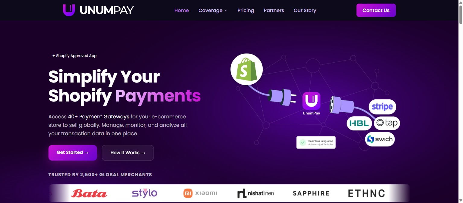 Site de l'application Shopify UnumPay — plus de 40 passerelles de paiement